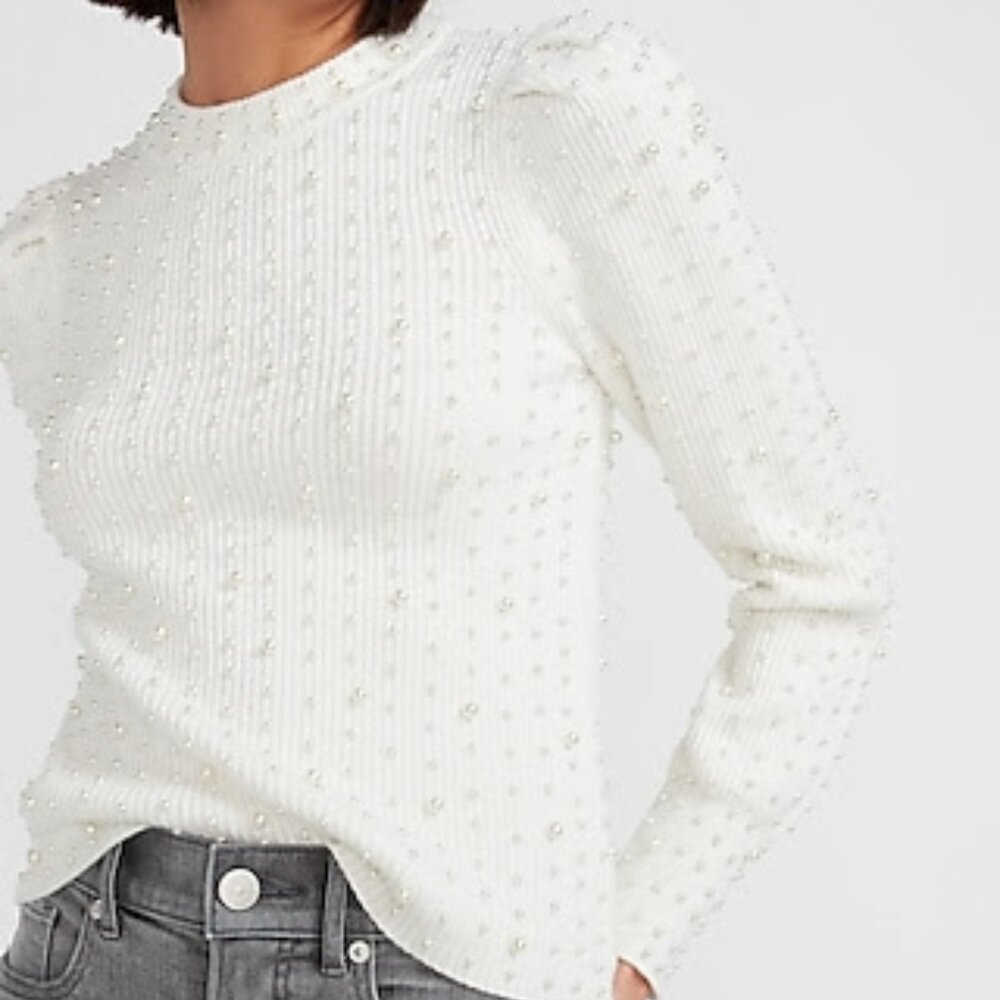 Express Pearl Embellished Crew Neck Sweater Top NWT Size S Small